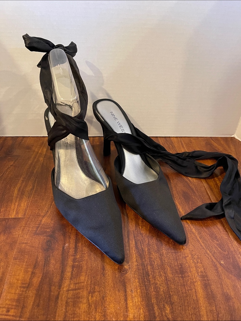 Nine West Black Satin Pointed Toe Ankle Tie Heels